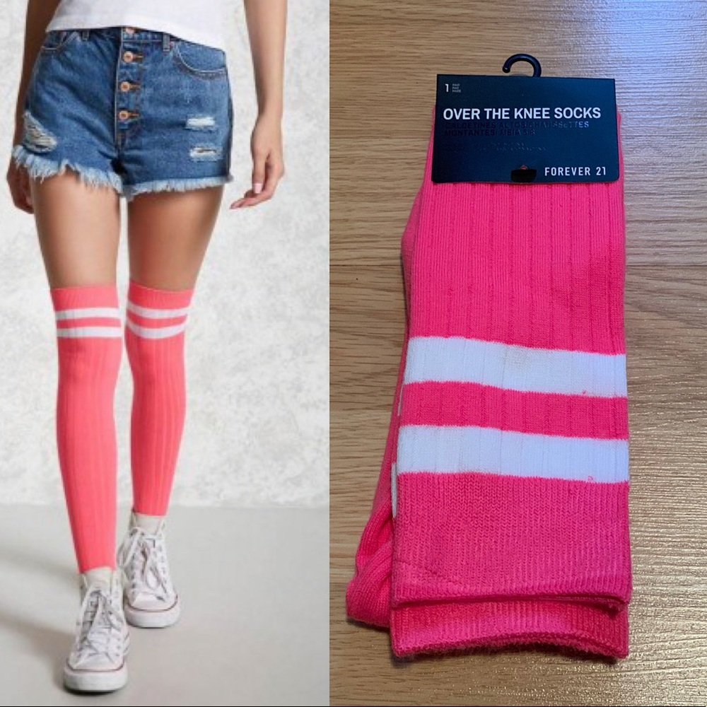 Neon Pink With White Stripes Over The Knee Socks - Picture 2 of 2